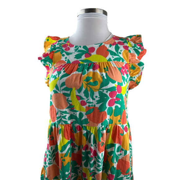 J. Crew Linen Blend Printed Mini Dress A-Line Tiered Floral Fruit Pockets Size 8 - Picture 4 of 16